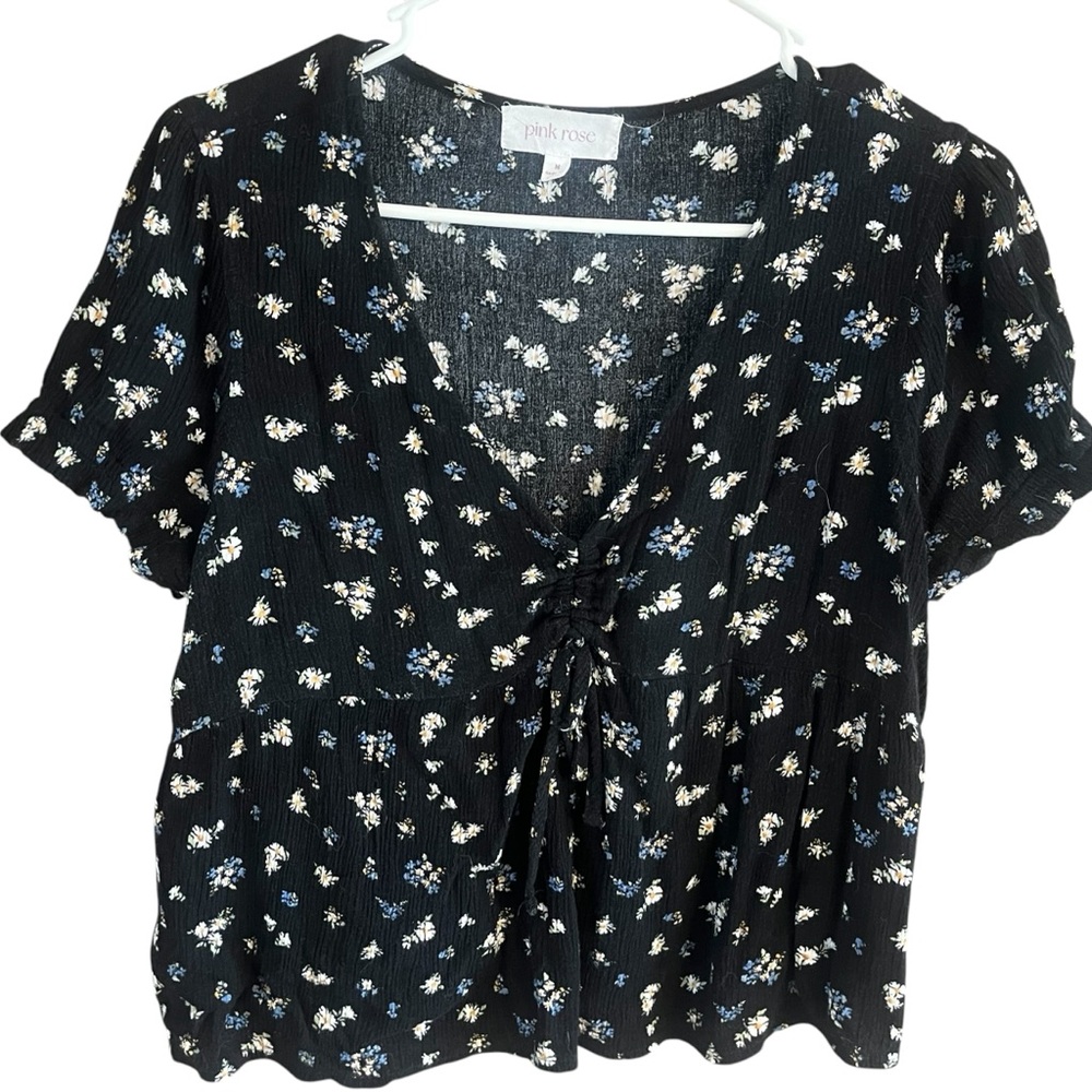 Pink Rose Black Floral Crop Top